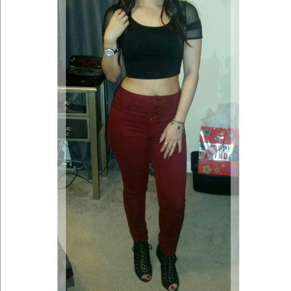 Burgundy high waist skinny jeans